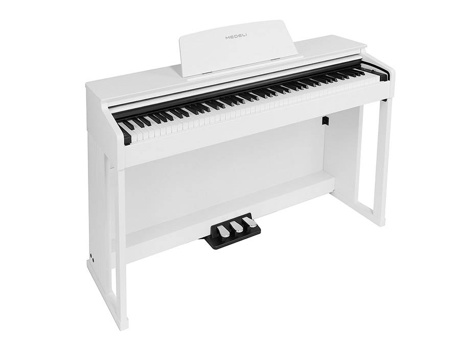 A digital home piano with 88 keys, white satin finish, and a triple sensor keyboard. It has a digital display and is set on a white frame with black piano legs.