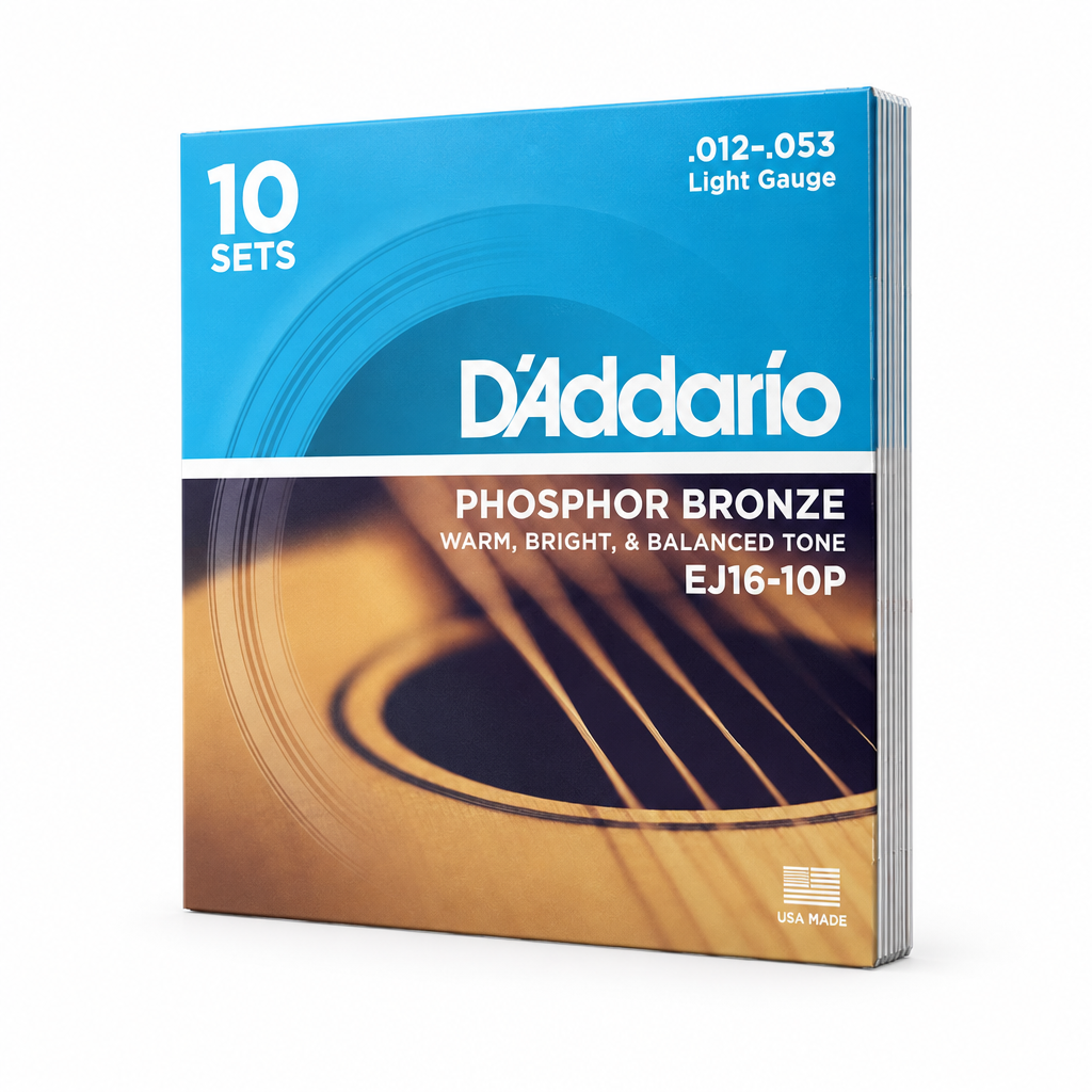 45-degree side view of the D'Addario EJ16-10P 10-pack phosphor bronze acoustic strings, light .012–.053.