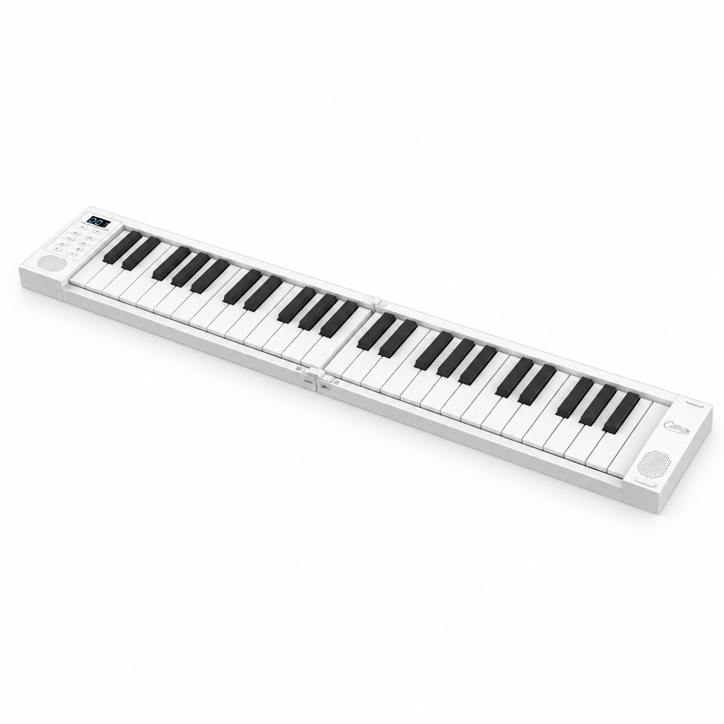 45-degree view of the white Blackstar Carry-On 49-key folding piano with MIDI controller.