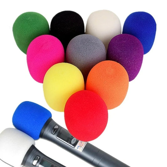 Set of colorful microphone foam covers with a microphone on a white background
