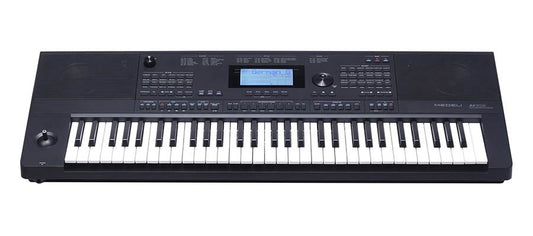 A black Medeli AK603 musical keyboard with touch sensitive keys, display screen, and various control buttons.