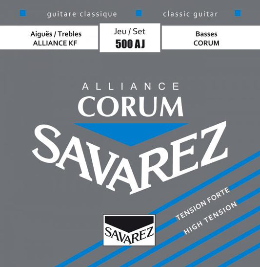 Savarez guitar string set packaging with brand name on a gray background
