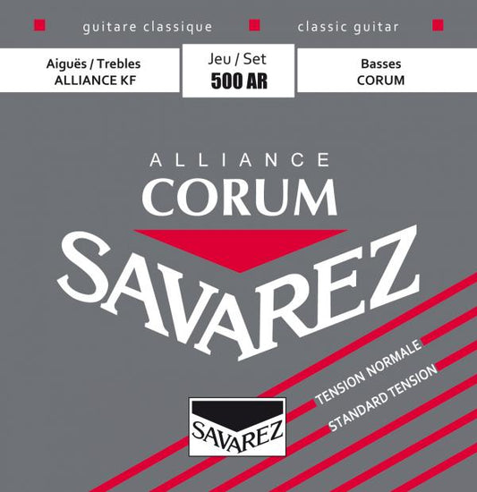 Savarez guitar string set packaging with brand name on a gray background