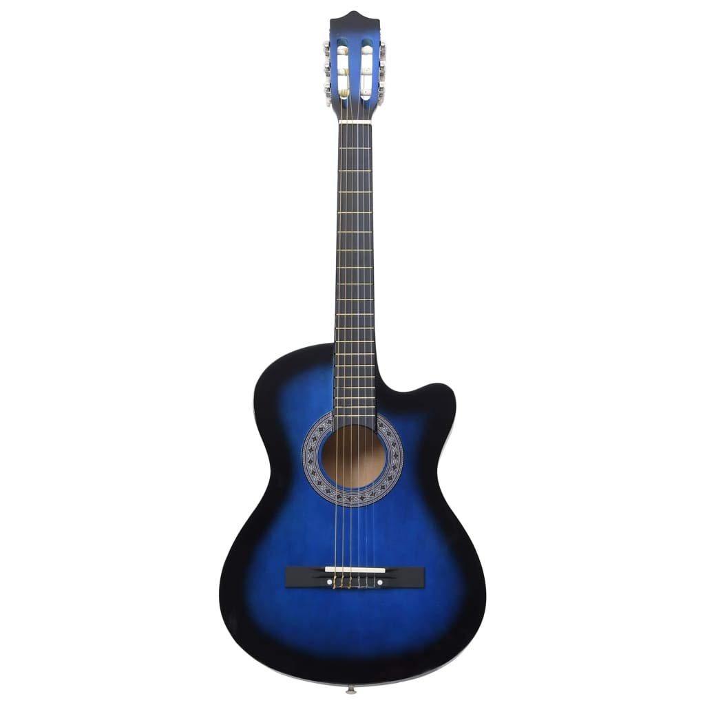 Blue acoustic guitar on a white background