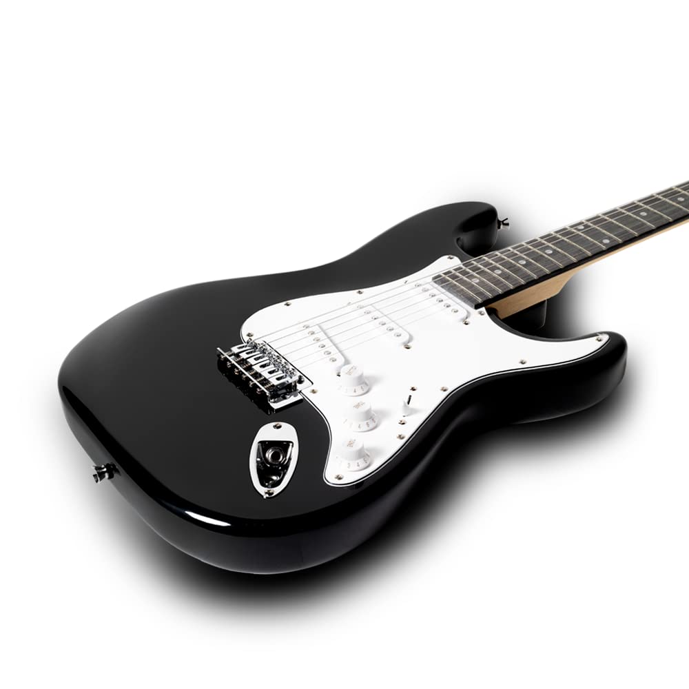 Black electric guitar on a white background
