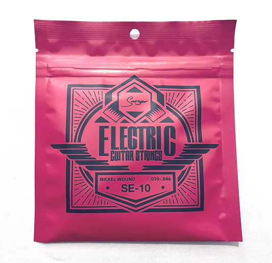 Pink packaging of electric guitar strings with black text on a white background