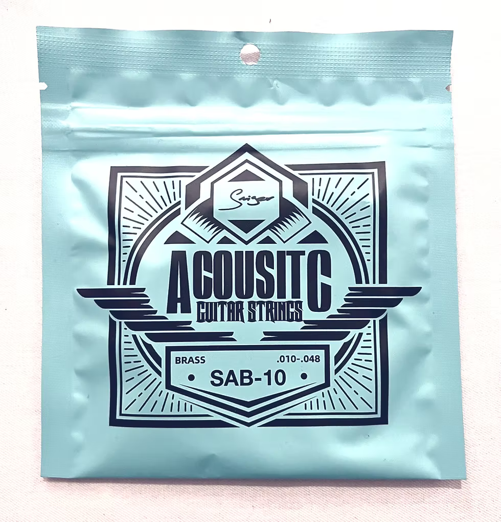 Package of acoustic guitar strings with brand logo on a light blue background