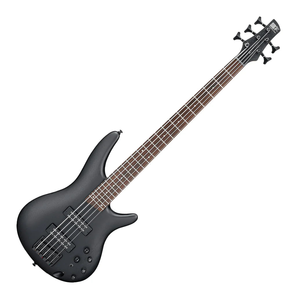 Black electric bass guitar on a white background
