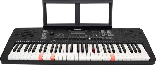A digital keyboard with a black body and white keys, featuring various control buttons and a screen.