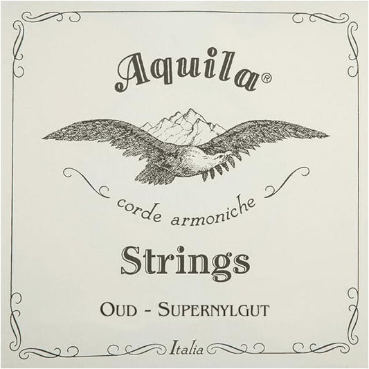 Packaging for Aquila corde armoniche Oud Supernylgut String Set with Arabic tuning, featuring a mountain graphic and the Aquila logo.