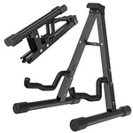 Black adjustable guitar stand on a white background