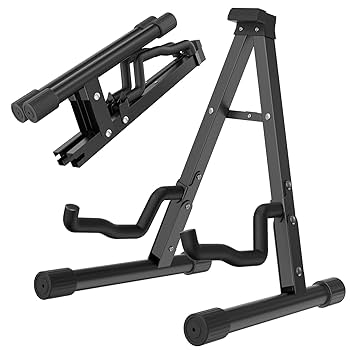 Black adjustable guitar stand on a white background
