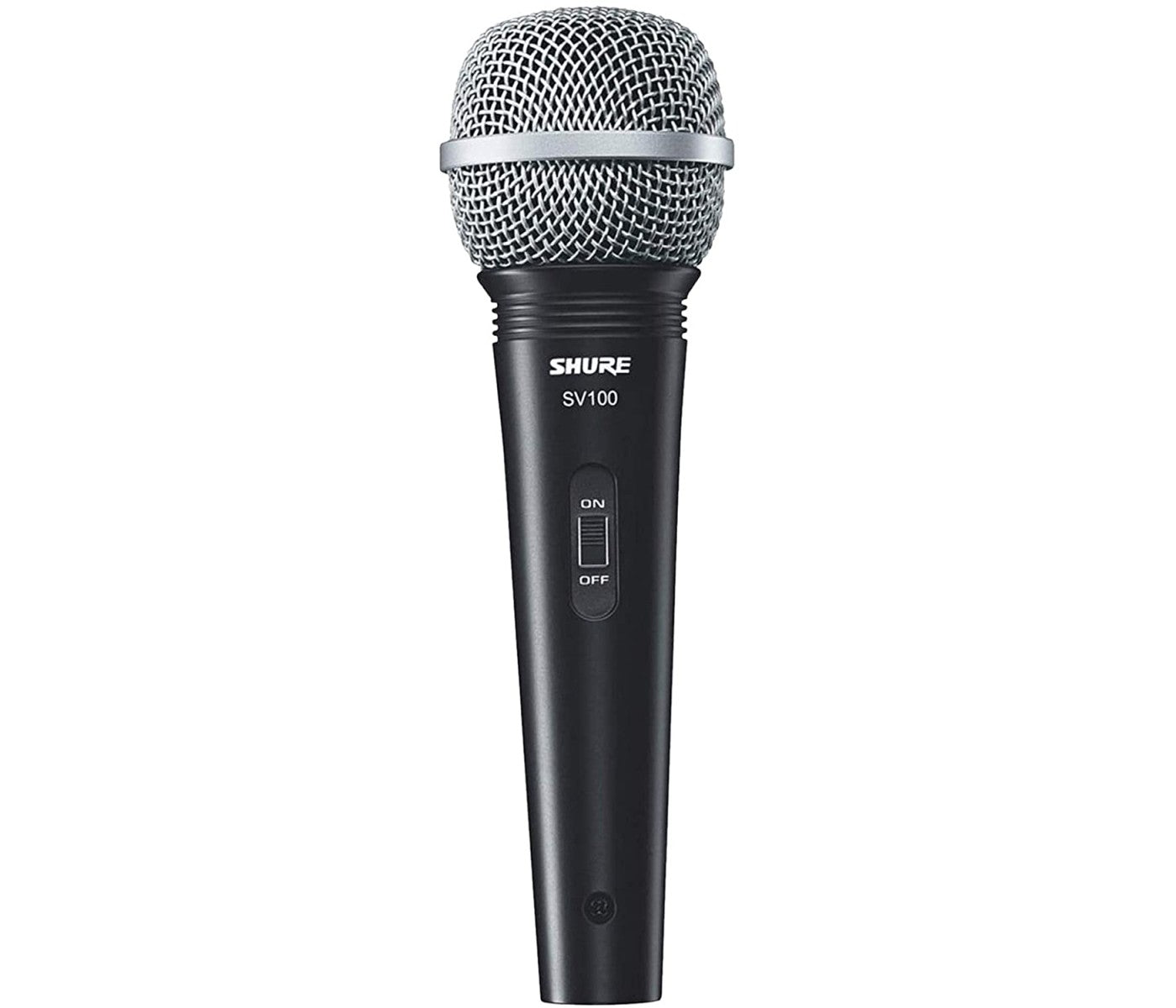 Shure SV100 Dynamic Microphone with a switch, featuring a black color and a metallic grille.