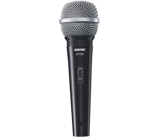 Shure SV100 Dynamic Microphone with a switch, featuring a black color and a metallic grille.