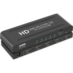 HGWMV 1x4 HDMI splitter with status indicators, power switch, and HDMI connections
