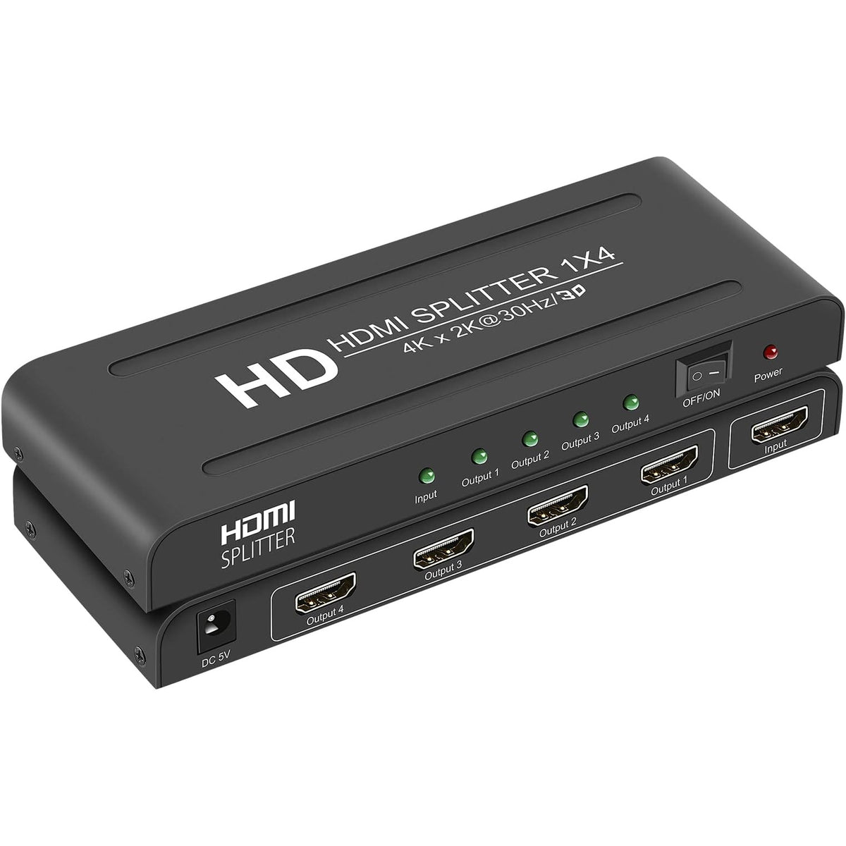 HGWMV 1x4 HDMI splitter with status indicators, power switch, and HDMI connections