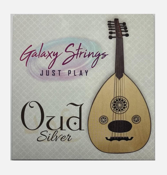 Packaging for Galaxy oud strings with a picture of an oud and the text 'Galaxy Strings Just Play' and 'Oud Silver'.