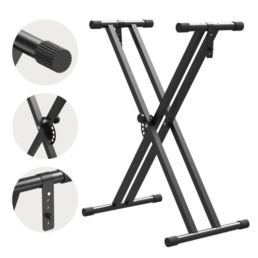 Black keyboard stand with close-up insets on a white background