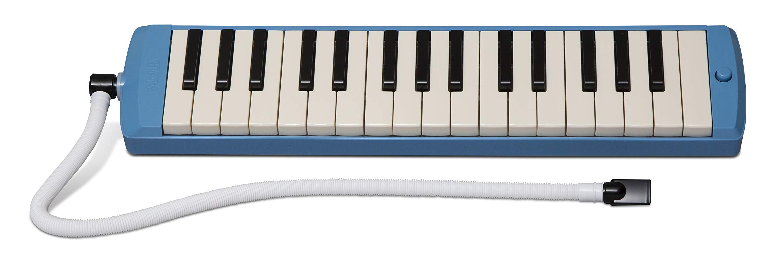 Blue and white melodica on a white background