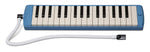 Blue and white melodica on a white background