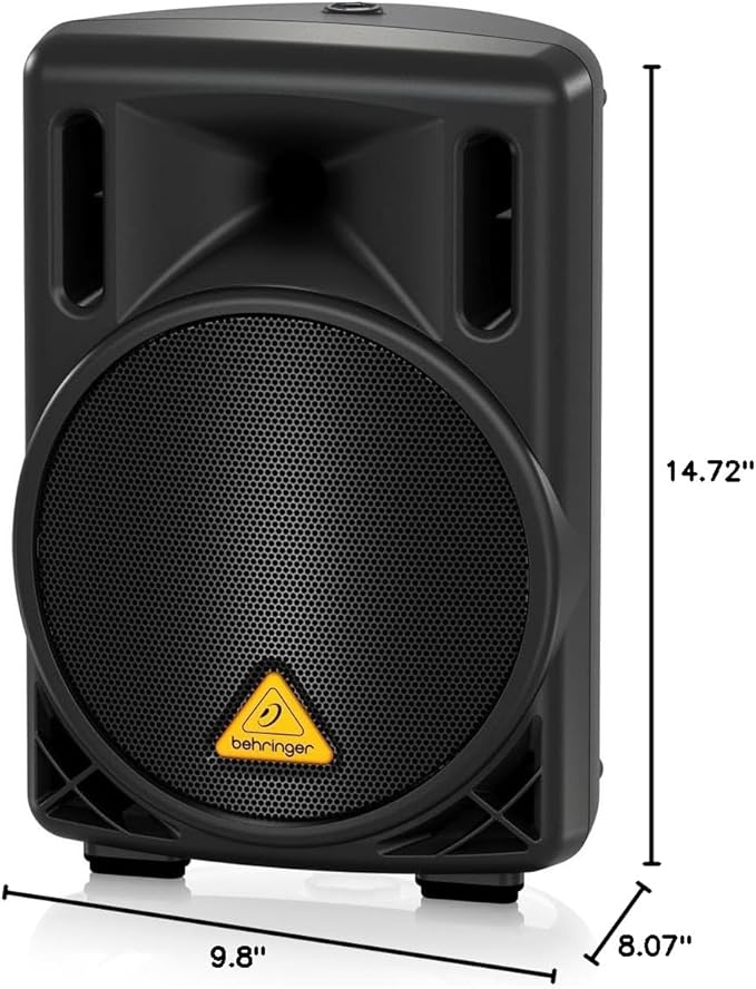 Black speaker with Behringer logo and dimensions displayed