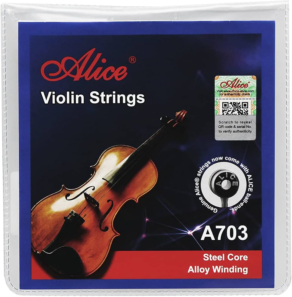 Alice violin strings packaging with a violin illustration on a blue background