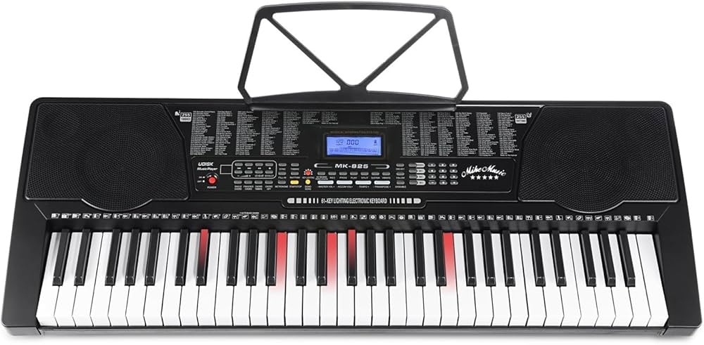Electronic keyboard with keys and display on a white background