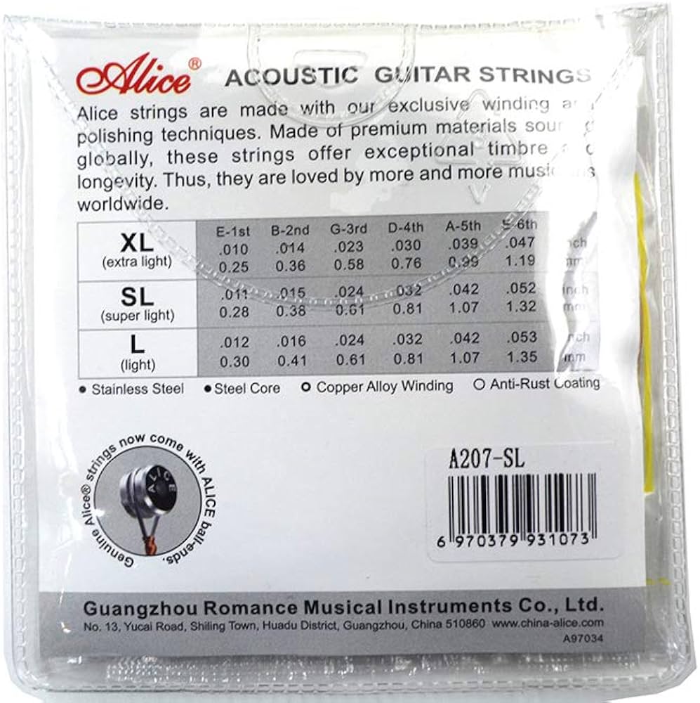 Package of Alice acoustic guitar strings with specifications and branding details.