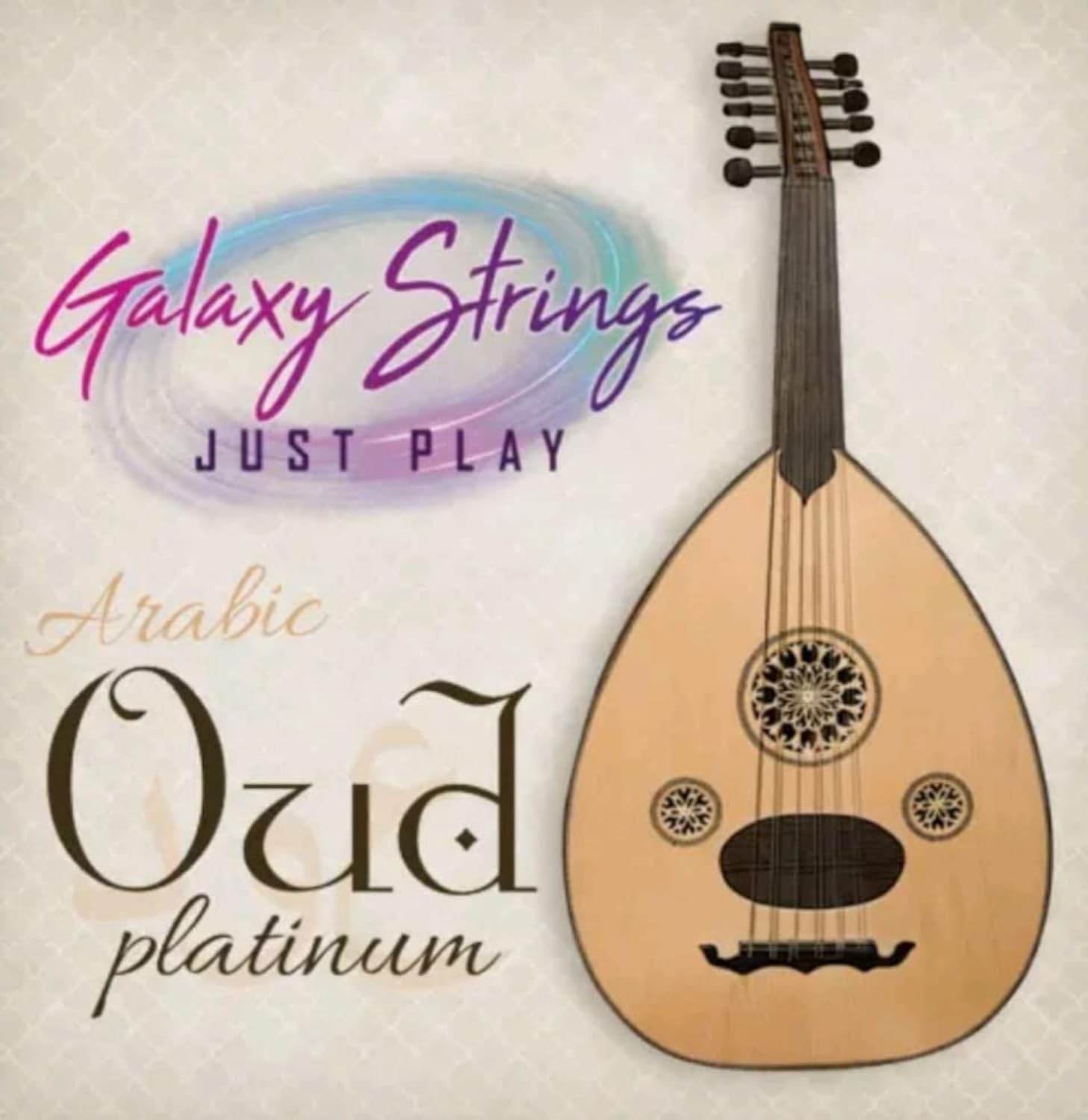 Advertisement for Galaxy Strings Arabic Oud platinum with a musical instrument on a light background