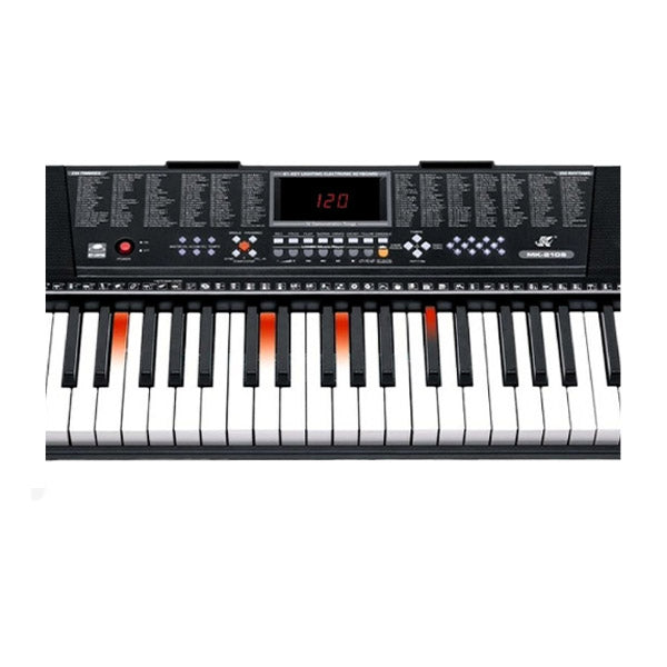 Keyboard piano with digital display and control panel on a white background