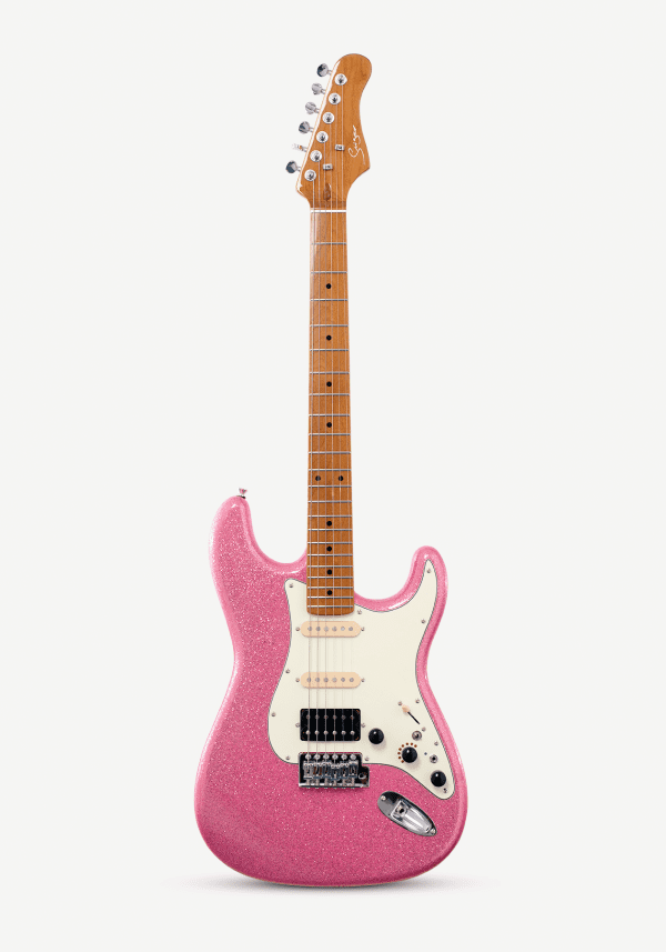 Pink electric guitar with a wooden neck on a white background