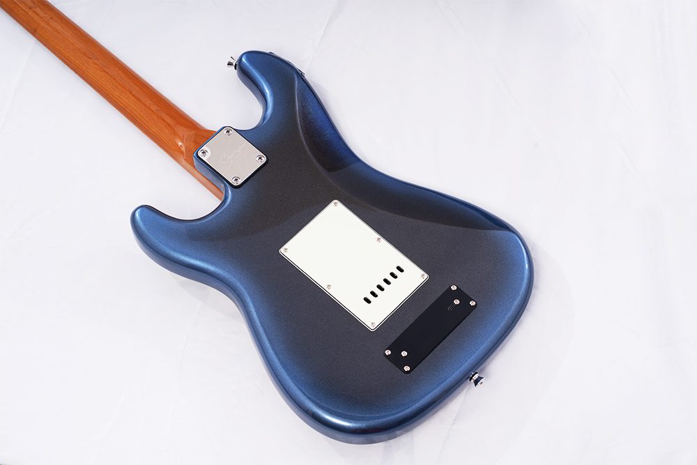 Blue electric guitar body on a white background