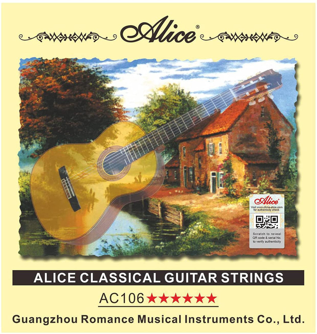 Alice classical guitar strings packaging with a scenic design and brand logo.