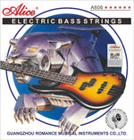 Alice electric bass strings packaging with a futuristic design featuring a robot and guitar.