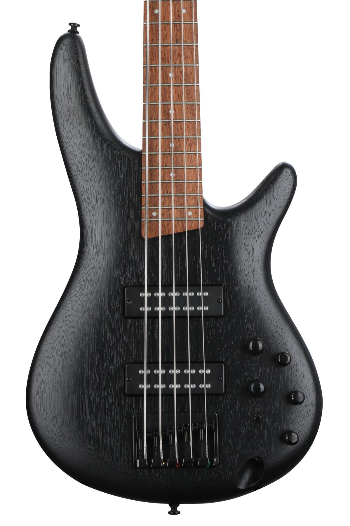 Black electric bass guitar with a wooden fretboard on a white background