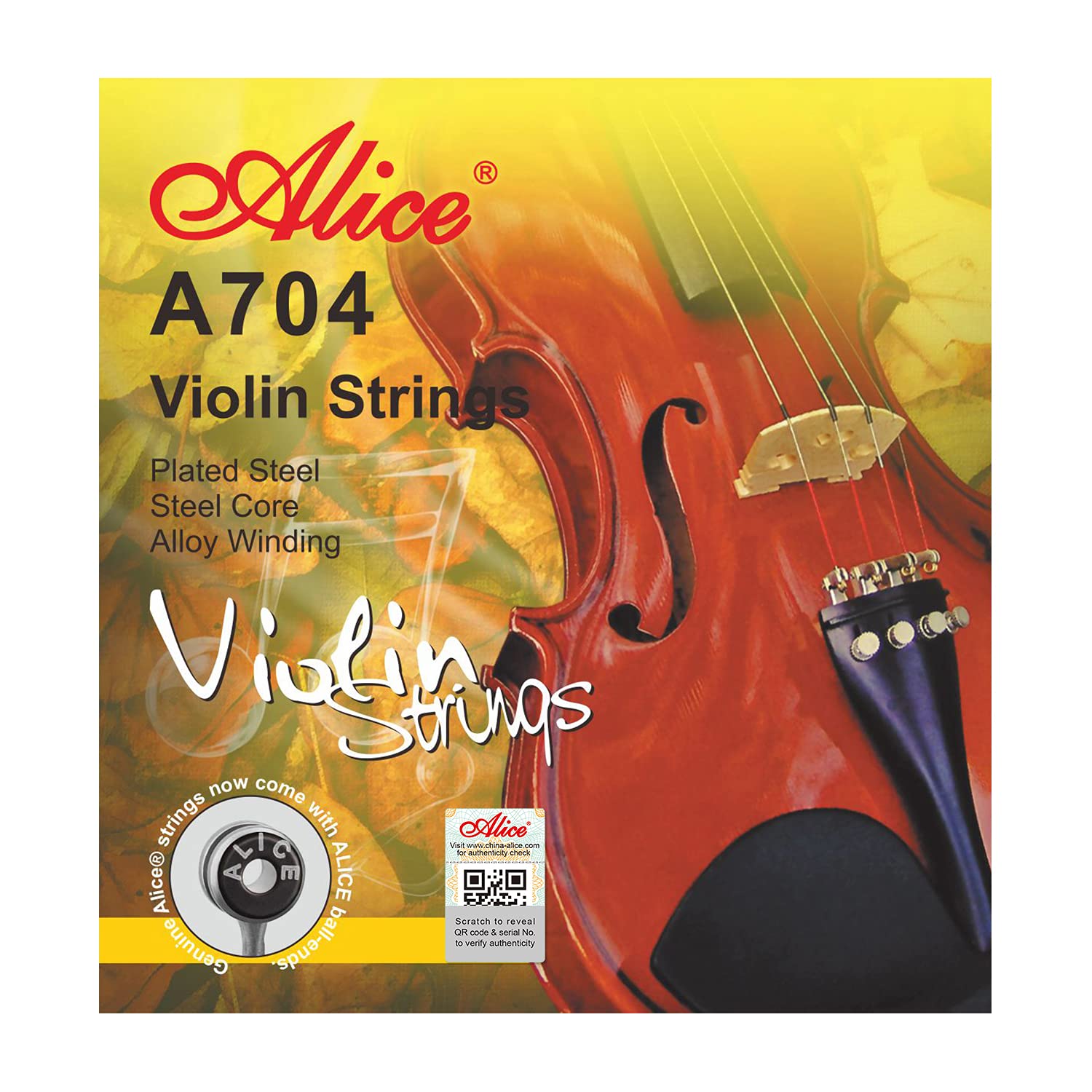 Alice violin strings packaging with a violin illustration on a colorful background