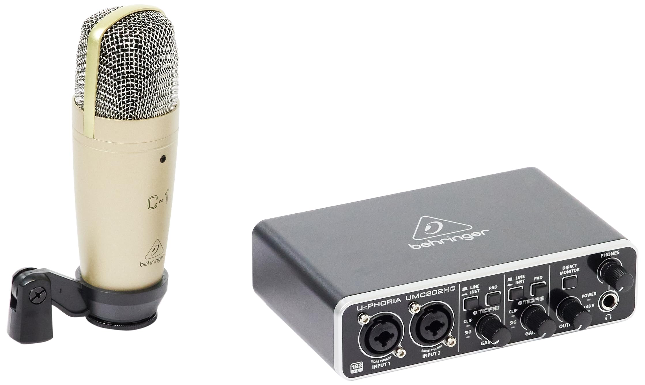 Behringer microphone and audio interface on a white background