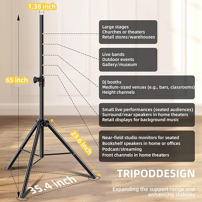 Tripod stand with height measurement labels and application scenarios on a wooden floor.