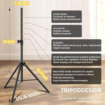 Tripod stand with height measurement labels and application scenarios on a wooden floor.