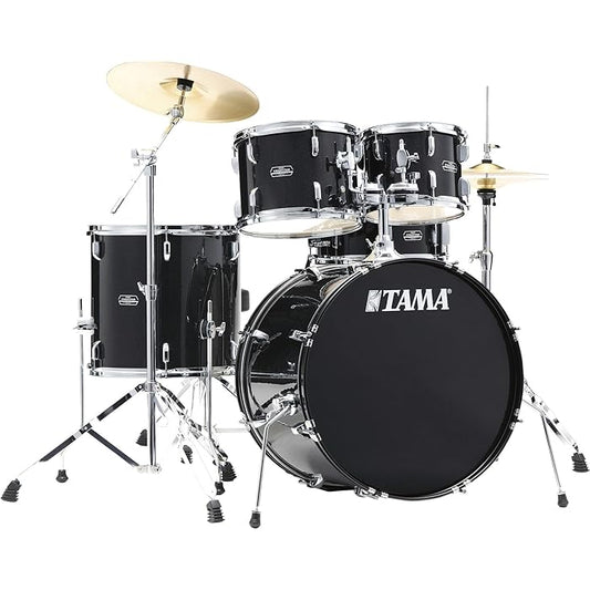 A Tama Stagestar 5-piece complete drum set with a glossy black finish, including various sized drums, a snare drum, and a bass drum, set up on stands with drumsticks and cymbals.