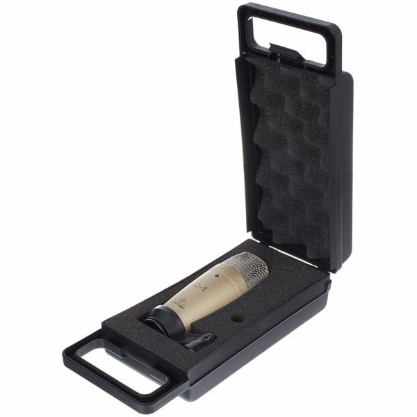 Microphone in a black carrying case on a white background