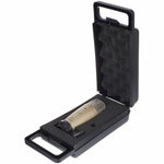 Microphone in a black carrying case on a white background