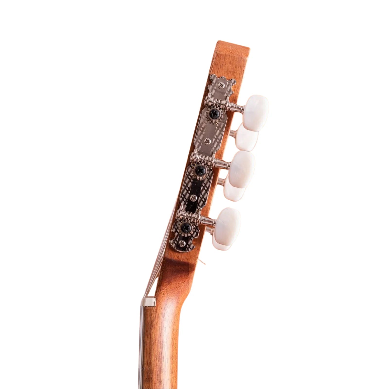 Close-up of a guitar headstock with tuning pegs on a white background