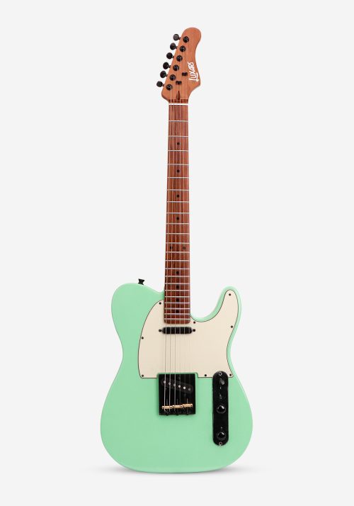 Green electric guitar with a white pickguard on a light green background