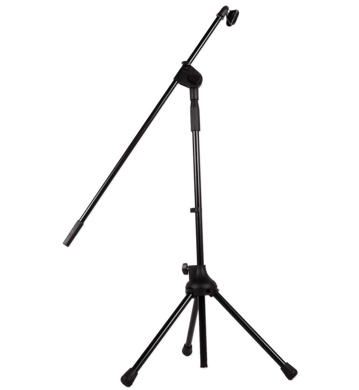 Black microphone stand on a white background