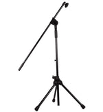 Black microphone stand on a white background