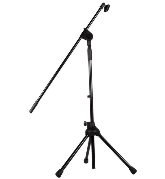 Black microphone stand on a white background