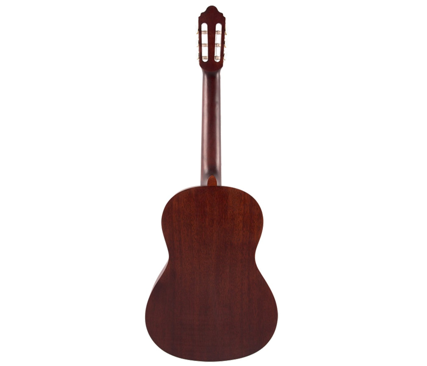 The back view of a classical acoustic guitar with a dark reddish-brown wooden body and neck, set against a plain white background. ALFAN ALRAQI