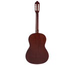 The back view of a classical acoustic guitar with a dark reddish-brown wooden body and neck, set against a plain white background. ALFAN ALRAQI