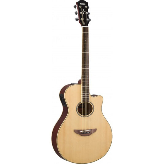 Yamaha APX600 Acoustic Guitar in natural wood color with a slim neck and a cutaway body.